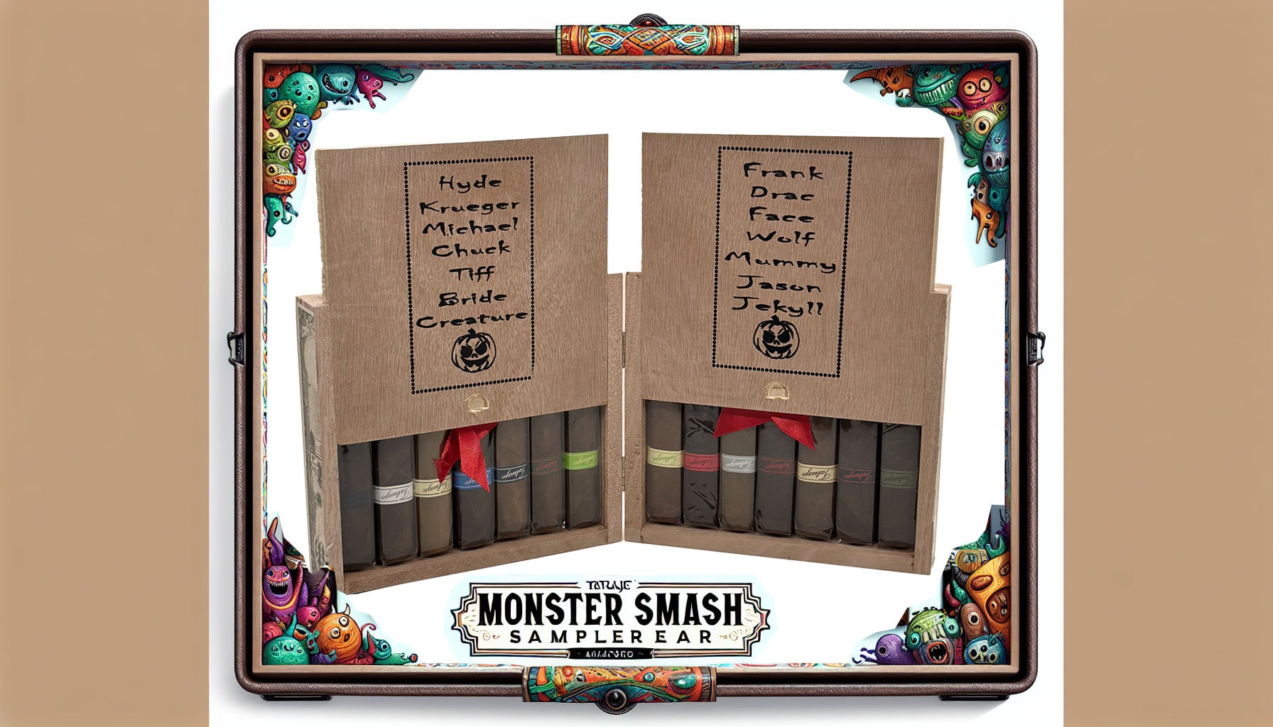 An artistic representation of the Tatuaje Monster Smash Sampler showcasing various monster-themed cigar designs.