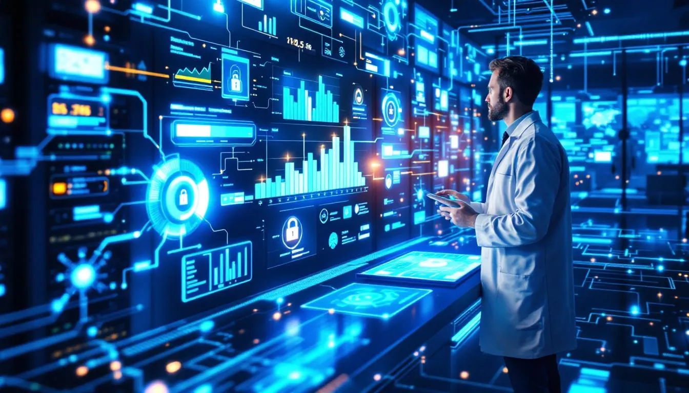 The image depicts a diverse group of professionals engaged in a discussion about cybersecurity and digital resilience, emphasizing the importance of digital skills and technologies in the growing digital economy. It highlights the collaboration between the UK government and the private sector to enhance digital infrastructure and support innovative digital businesses for a stronger national security and economic growth.