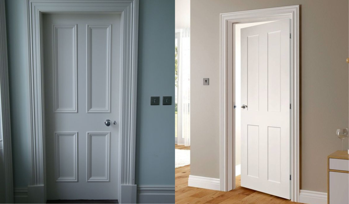 Traditional Victorian period doors - one simple the other with more elaborate mouldings - both painted white 