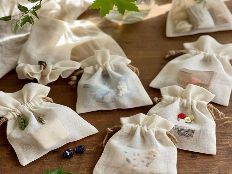 An image showing multiple small white muslin drawstring pouches arranged on a wooden table, each containing small visible items like buttons, charms, and trinkets.