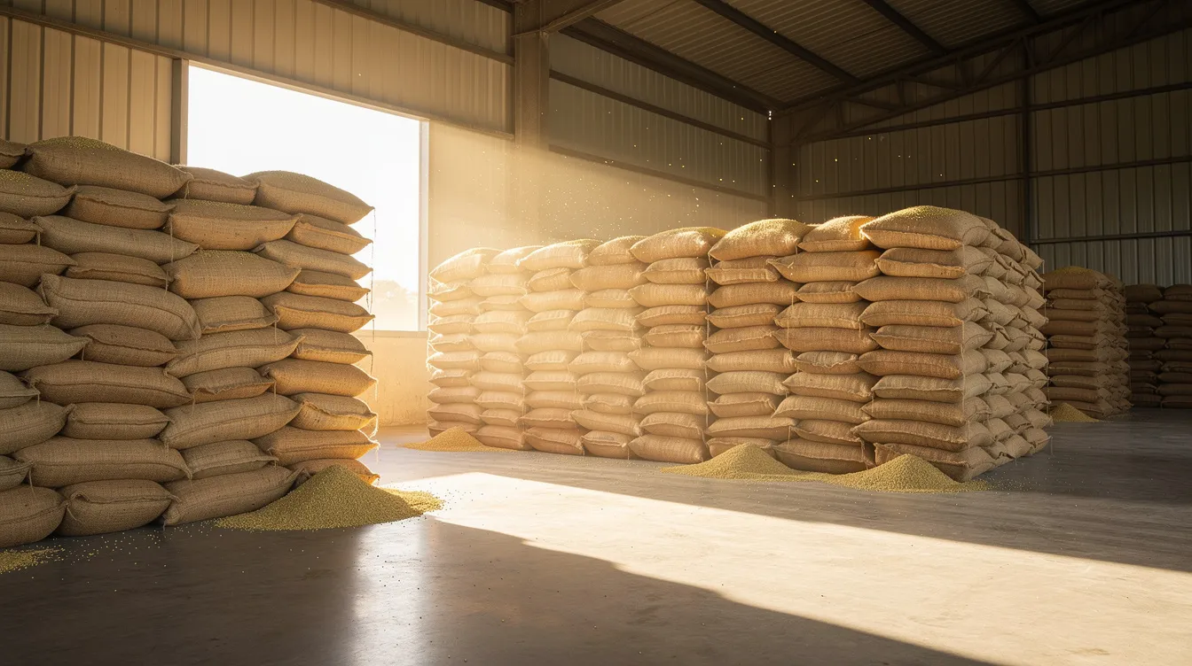 cbe59046 9d9f 4174 b450 396e15a4c793 The image shows stacked jute bags filled with raw paddy in a clean warehouse, illuminated by sunlight streaming through a window, highlighting the organized storage of raw materials essential for rice flakes manufacturing. This setting reflects the efficient management of raw material cost and the overall project feasibility in the food processing industry.
