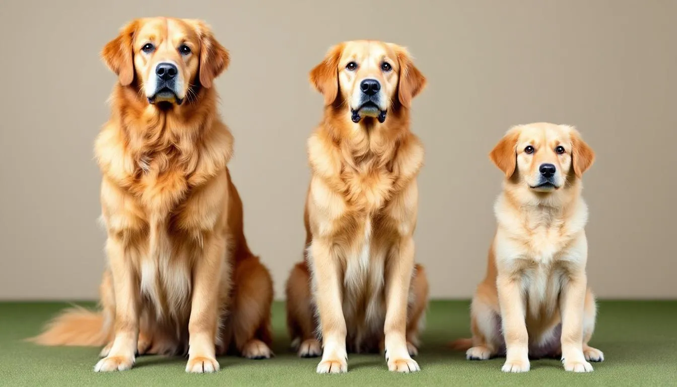 In the image, several adult goldendoodles of varying sizes stand side by side, showcasing a size comparison among standard goldendoodles, medium goldendoodles, and miniature goldendoodles. This visual highlights the diversity in adult sizes within the designer dog breeds, emphasizing the growth journey from goldendoodle puppies to their mature sizes.