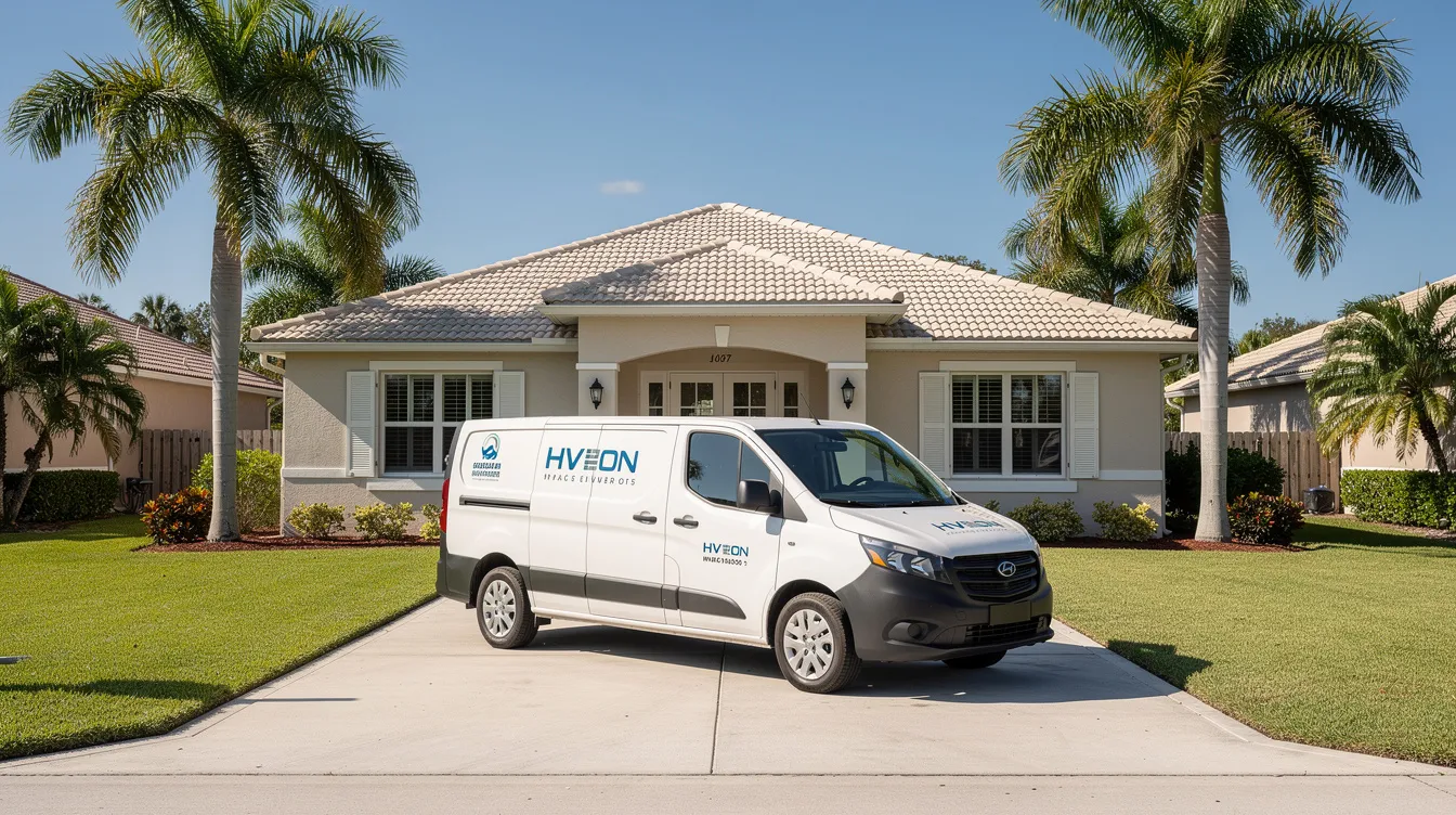 The image shows a branded HVAC service van parked in front of a single-story Florida-style home surrounded by palm trees, highlighting the presence of local HVAC companies ready to provide air conditioning services. The van's branding emphasizes its role in the HVAC industry, catering to homeowners in need of reliable HVAC solutions.