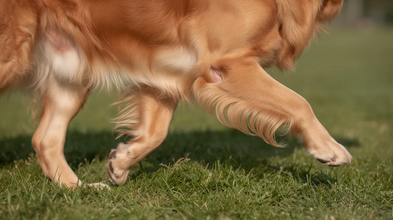 A close-up photograph captures a healthy golden retriever walking gracefully on grass, showcasing the fluid movement of its legs and joints, which is essential for maintaining joint health. The image highlights the importance of joint supplements like glucosamine for dogs, which can support joint fluid and protect against joint stiffness and the progression of arthritis.
