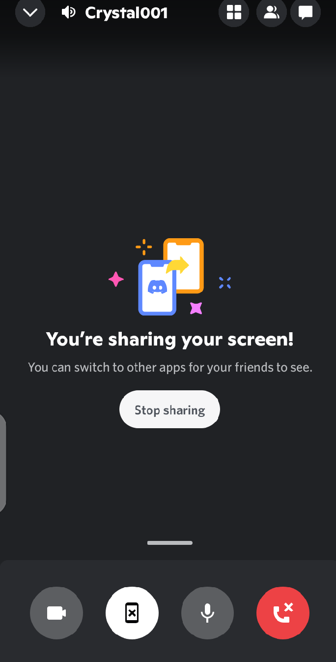 Picture showing how your Discord mobile app screen should look like when screen sharing