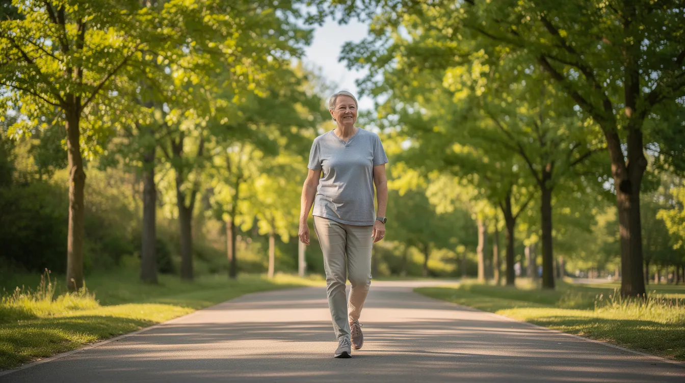 A middle-aged person is walking comfortably along a sunny, tree-lined path, enjoying the outdoors. This scene reflects a sense of freedom and relief from chronic pain, possibly aided by spinal cord stimulation therapies or pain management techniques.