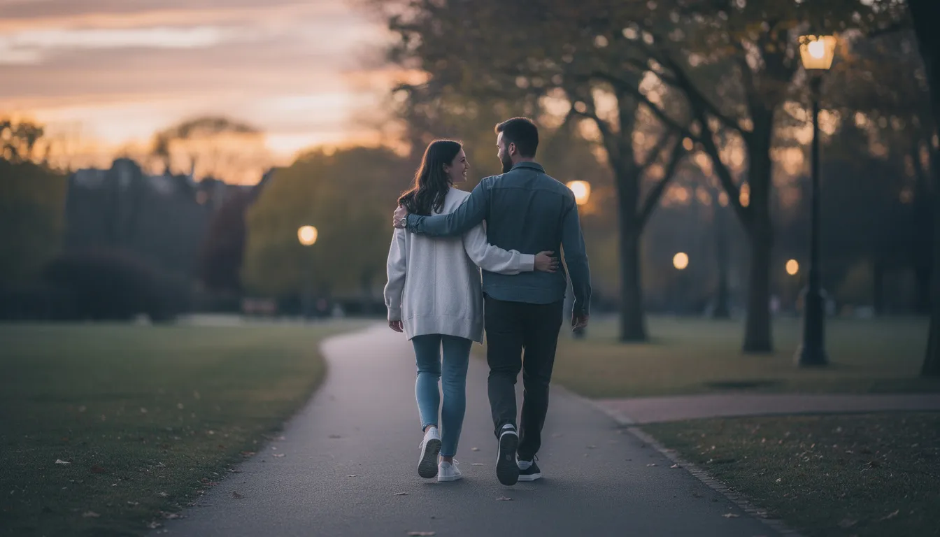 A couple walks side by side on a quiet path at dusk, exuding a sense of relaxation and connection, embodying the joy and peace found in a strong marriage. Their companionship reflects the importance of honoring God and nurturing each other's hearts through prayer and love.