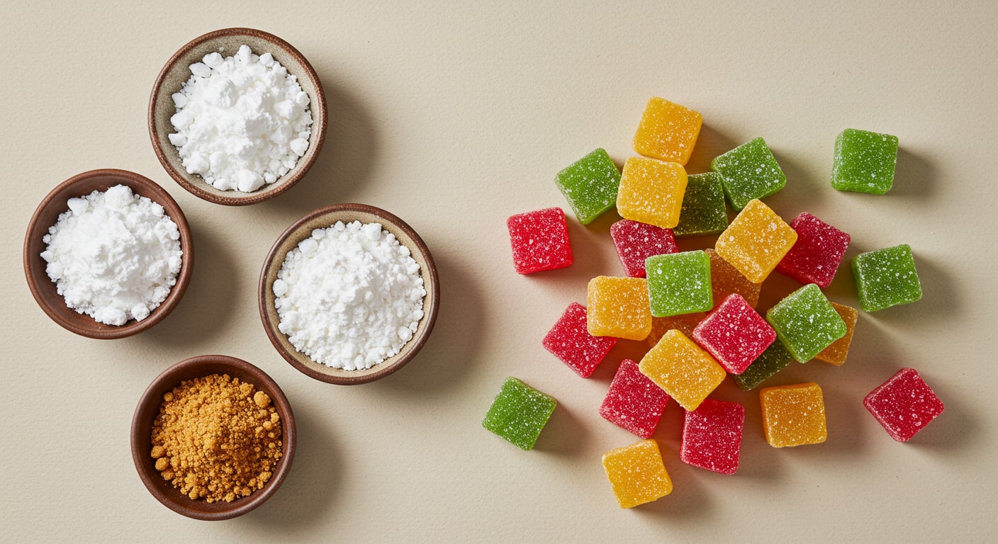 Small bowls filled with plant-based ingredients next to gummies without gelatin