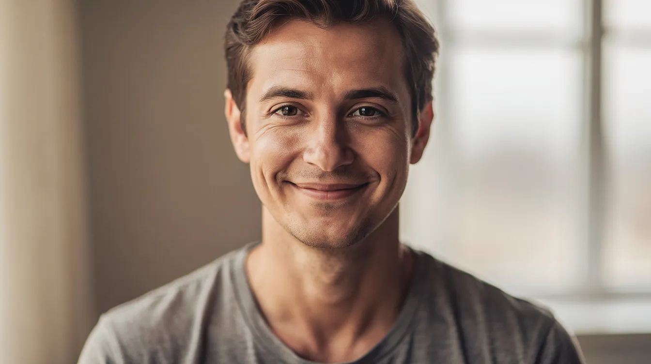 A person is smiling naturally in soft lighting, showcasing a relaxed facial expression that reflects the subtle, youthful results of cosmetic procedures like baby botox. The soft lighting enhances their features while maintaining a natural appearance, indicating a successful treatment to soften fine lines and wrinkles.