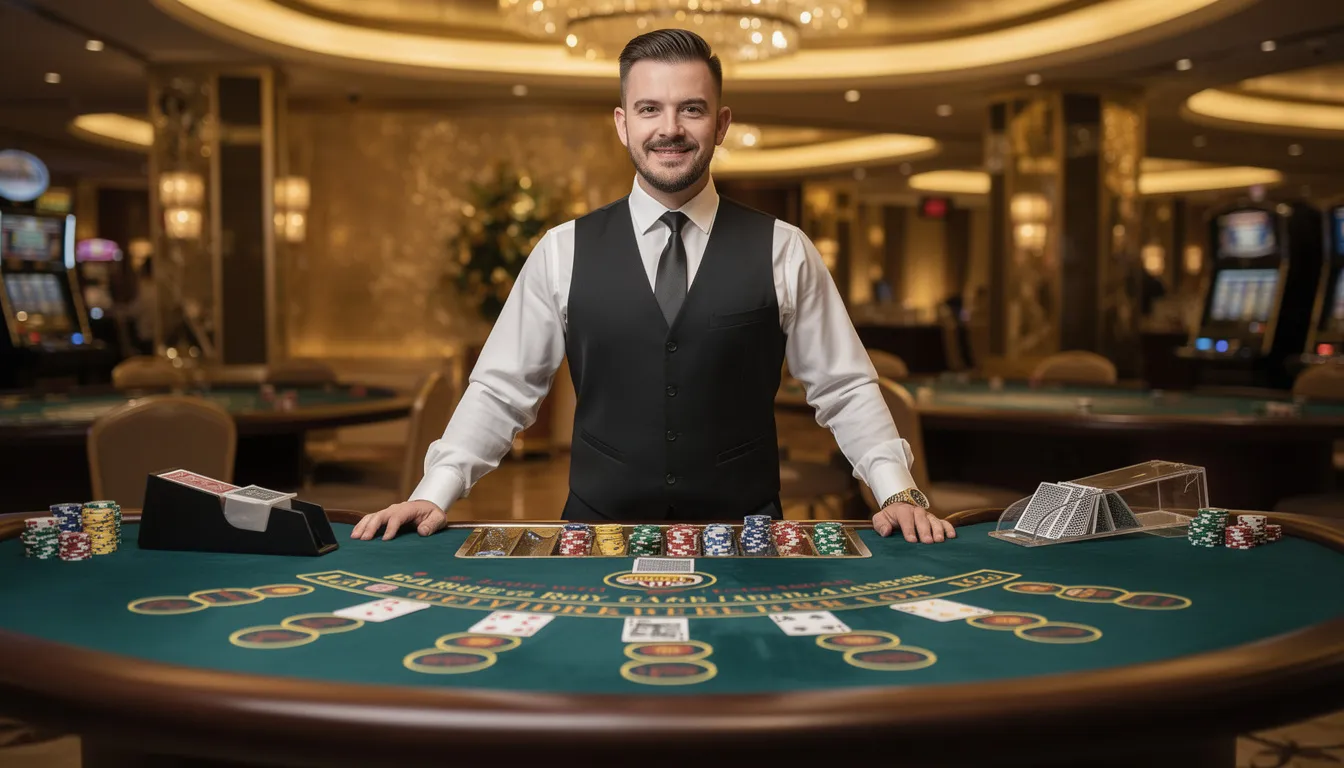 En professionell casinodealer i elegant klädsel står vid ett blackjackbord, redo att leda spelet. Atmosfären är sofistikerad och professionell, vilket är typiskt för upplevelsen hos pop casino.