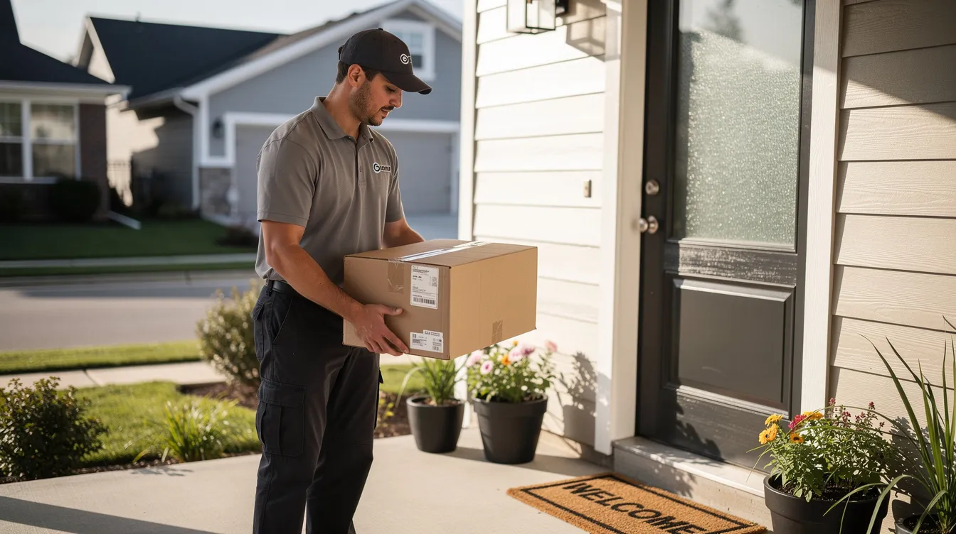 A delivery driver is seen carrying a sealed cardboard package while standing on a residential porch during the daytime. This scene reflects the growing trend of home deliveries, which may include legal hemp products and other items regulated under Ohio law.