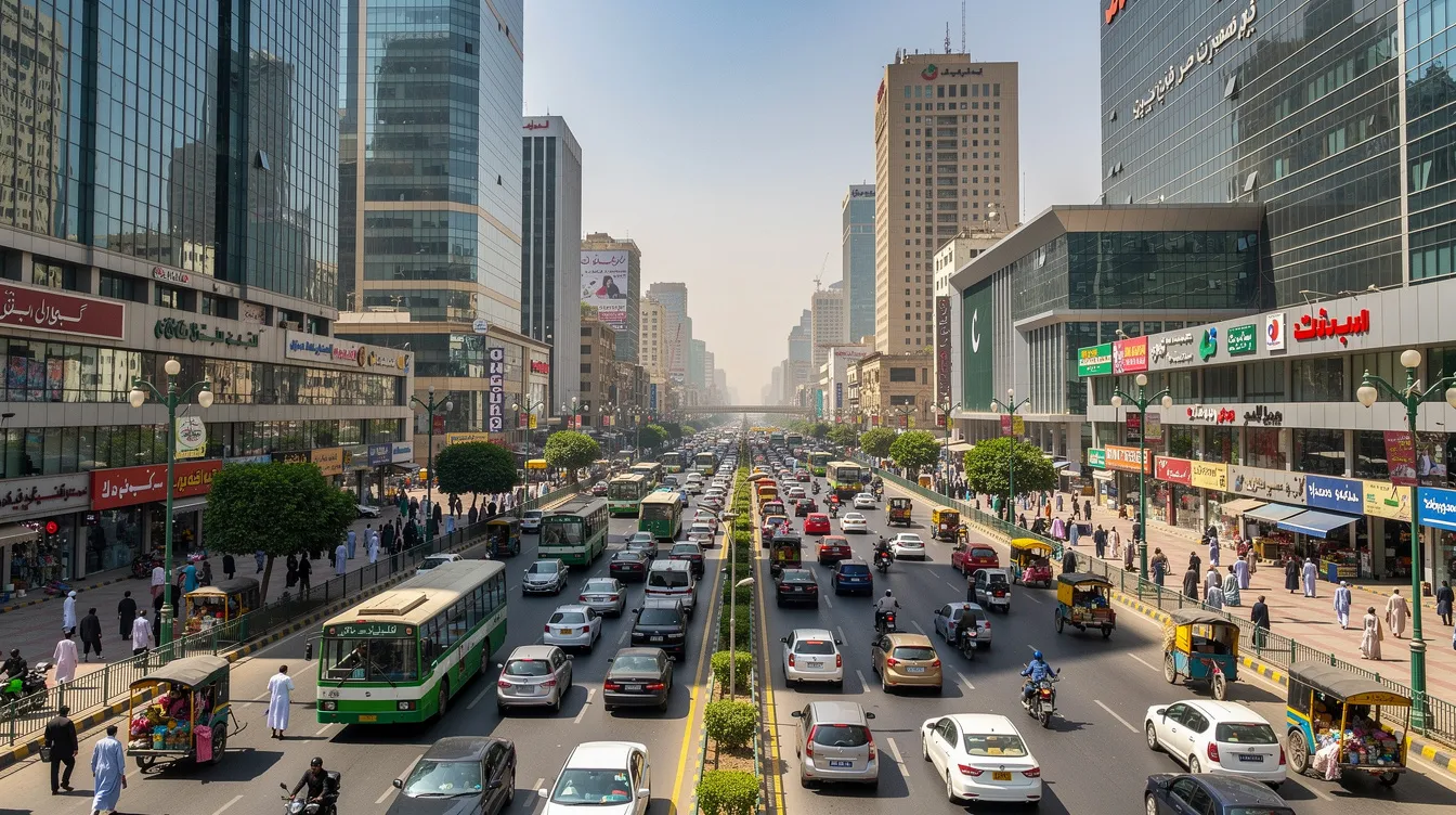 The image depicts a bustling commercial district in Karachi, characterized by tall glass buildings reflecting sunlight and busy streets filled with people and vehicles. This vibrant setting is indicative of the financial hub of Pakistan, where numerous banks, including MCB Bank and Habib Bank Limited, offer a range of services such as investment banking and digital banking innovation.