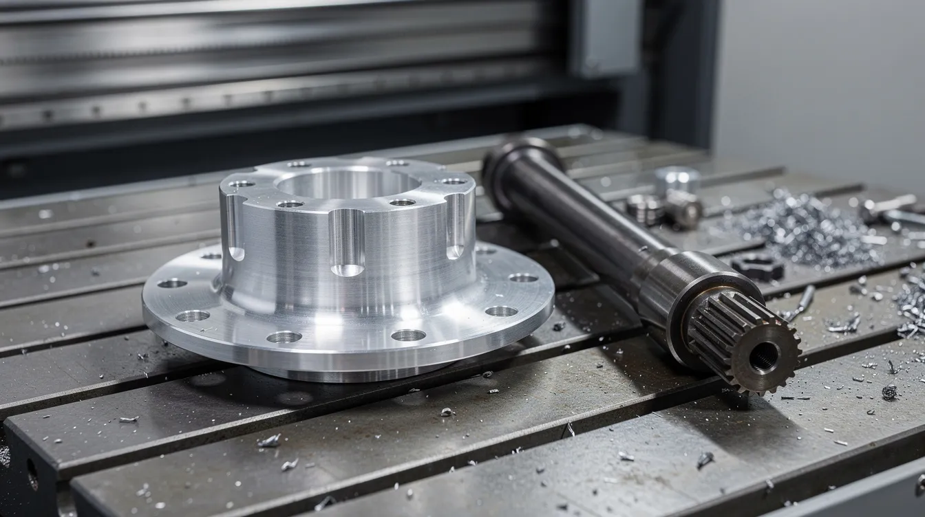 The image shows a precision-machined aluminum wheel hub and a steel axle shaft positioned on a CNC machine bed, highlighting the intricate mechanical systems involved in creating these components. This setup exemplifies the application of classical simple machines, such as the wheel and axle, which work together to multiply force and facilitate rotational motion.