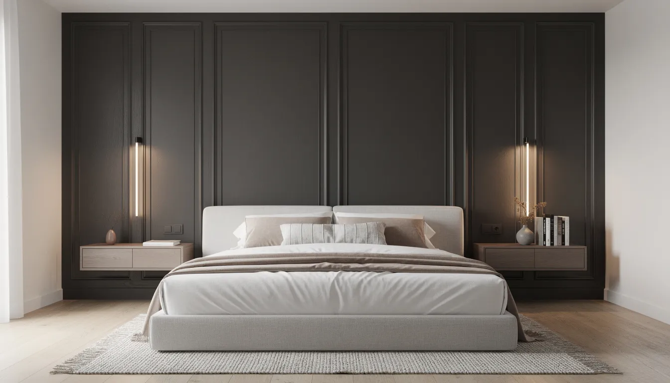 Een stijlvolle slaapkamer met antraciet lambrisering die als luxe hoofdbord achter het bed fungeert, wat een elegante uitstraling aan de ruimte geeft. De akoestische wandpanelen dragen bij aan een verbeterde akoestiek en zorgen voor een sfeervolle ambiance.