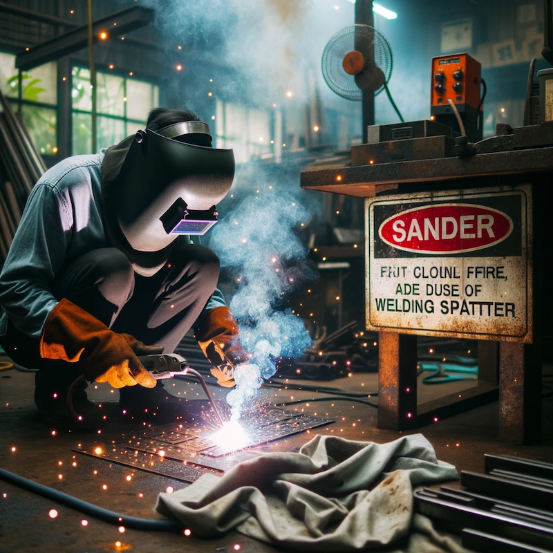 A welding workshop with sparks flying