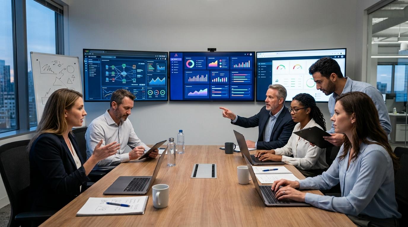 Professional team evaluating multiple cloud-based virtual lab platforms using browser-hosted training environments, abstract comparison visuals, and collaborative discussion.