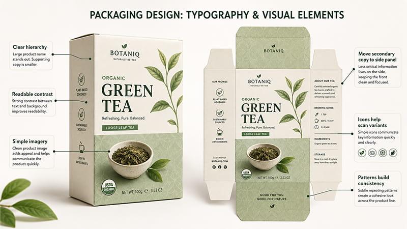 Packaging typography and visual hierarchy for clear branding and product communication
