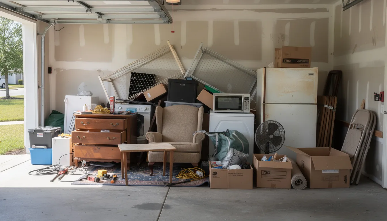 The image depicts a cluttered garage filled with a pile of various unwanted items, including furniture and appliances, all prepared for a garage cleanout project. This scene illustrates the need for professional garage cleanout services to reclaim the space and eliminate debris efficiently.
