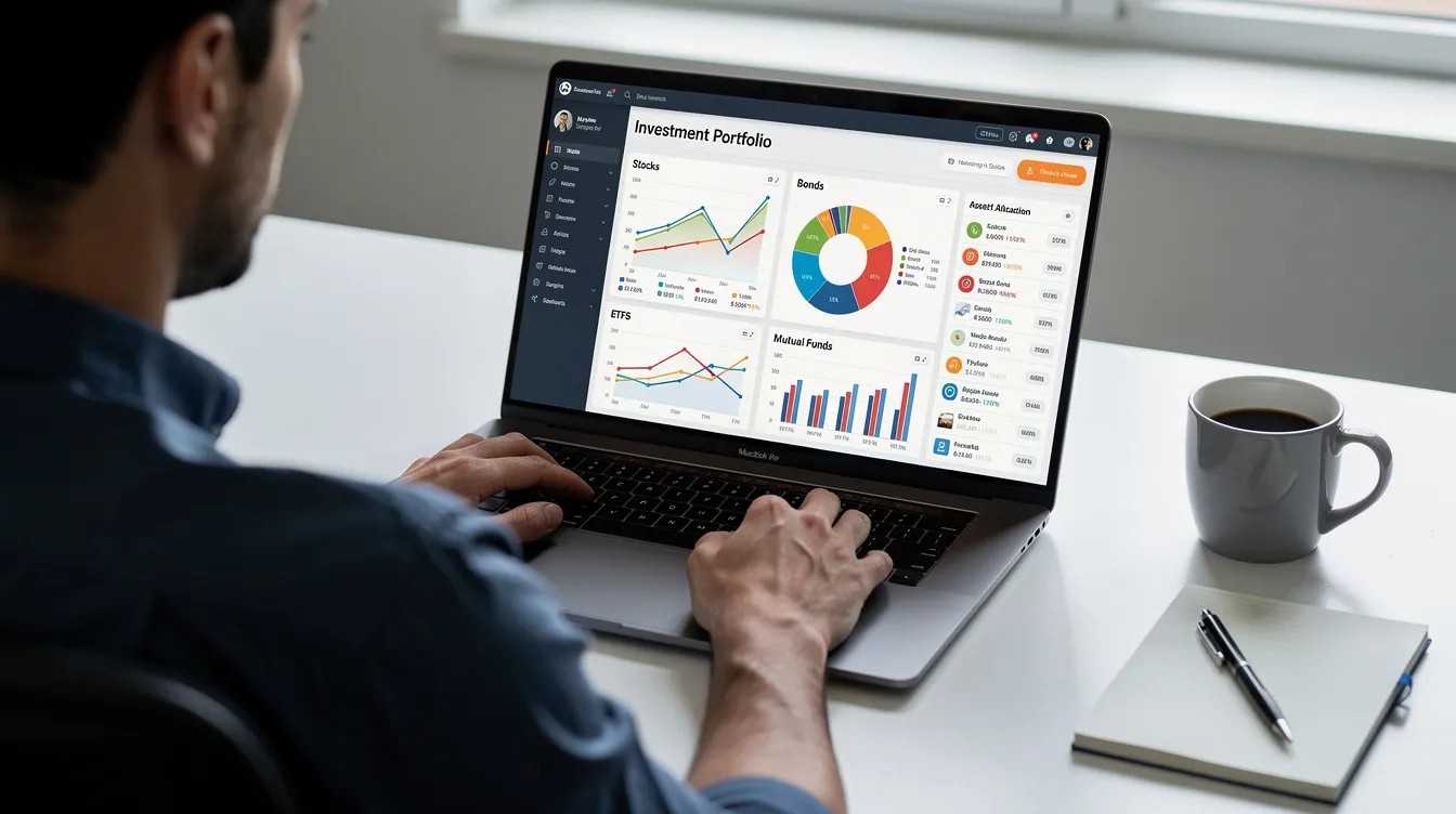 A person is seated at a desk, focused on a laptop screen displaying a financial platform interface where various investment options, including peer to peer lending and personal loans, are being reviewed. The interface highlights different loan types, interest rates, and potential investment opportunities for both individual and institutional investors.