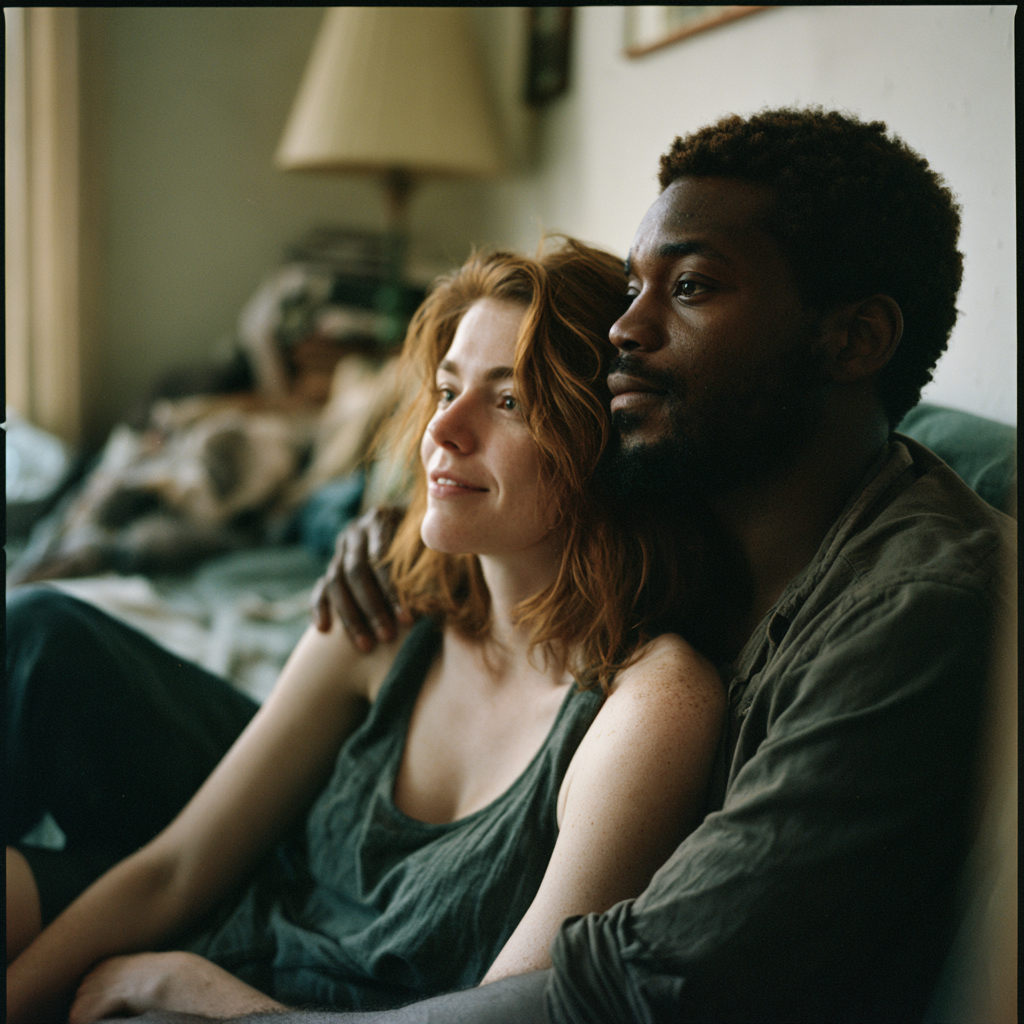 Couple sitting close on the floor against a sofa in a warm Brooklyn living room, shoulders touching.