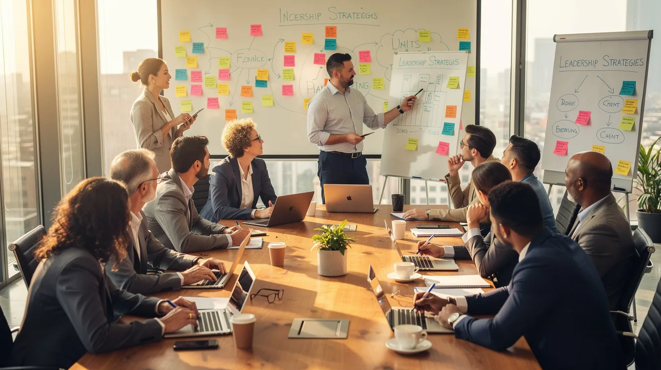 A diverse team actively collaborates during a leadership workshop, engaging in discussions that enhance their leadership skills and foster professional growth. The atmosphere is supportive, emphasizing the importance of emotional intelligence and teamwork in achieving business goals.