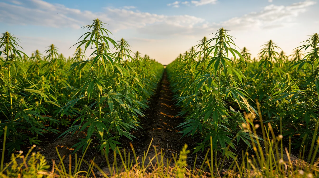 A wide-angle view of a sunlit hemp field showcases rows of vibrant green cannabis plants extending towards the horizon, symbolizing the thriving hemp industry in Maryland. This image reflects the legal status of federally legal hemp and highlights the state's cannabis reform efforts under the Maryland Cannabis Administration.