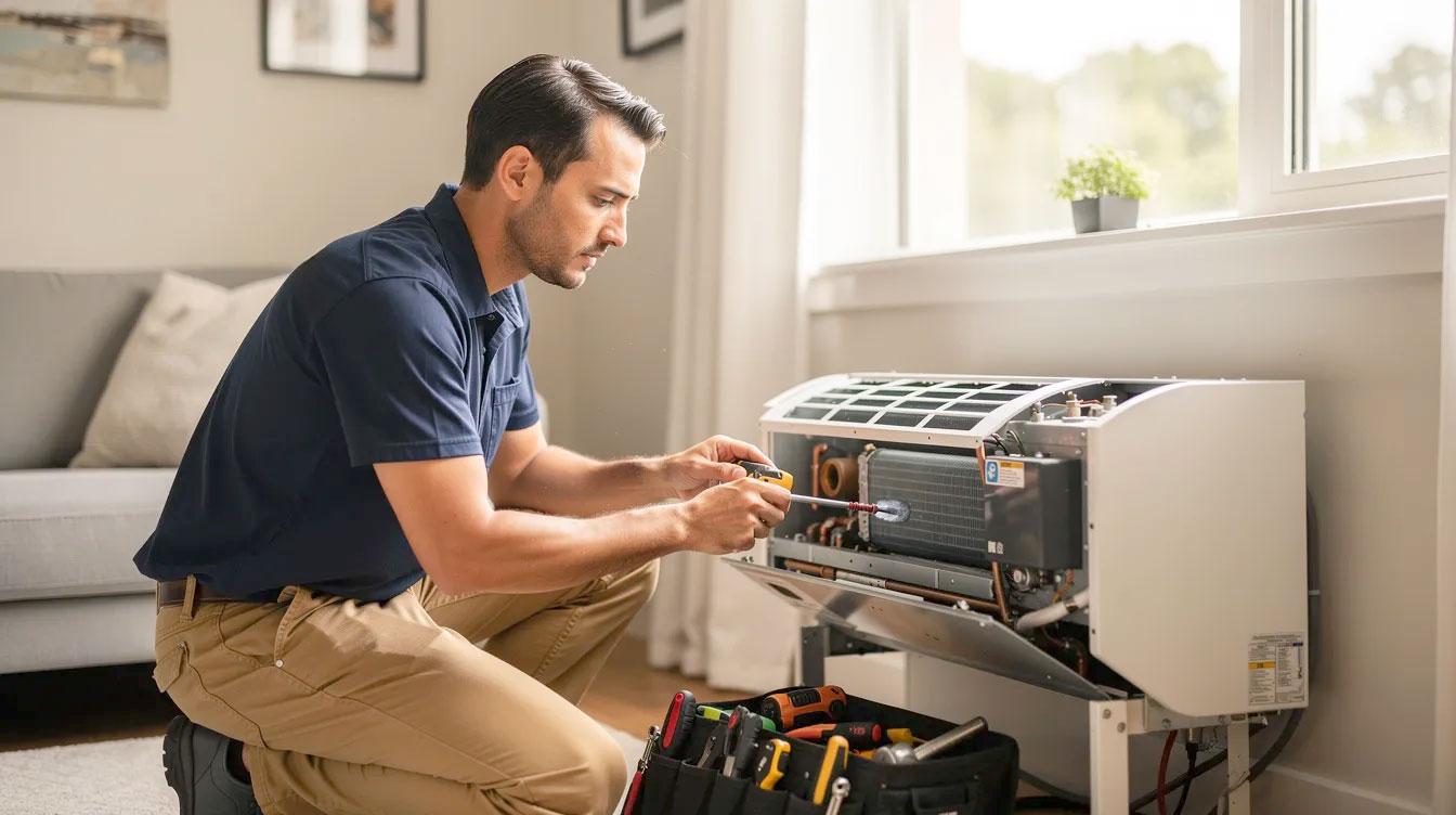 A technician in a navy blue shirt and tan pants is servicing a modern indoor HVAC unit, focusing on its maintenance in a stylish residential space. The image conveys a creative lifestyle vibe, showcasing the benefits of efficient cooling and the importance of regular service for optimal air conditioner performance.