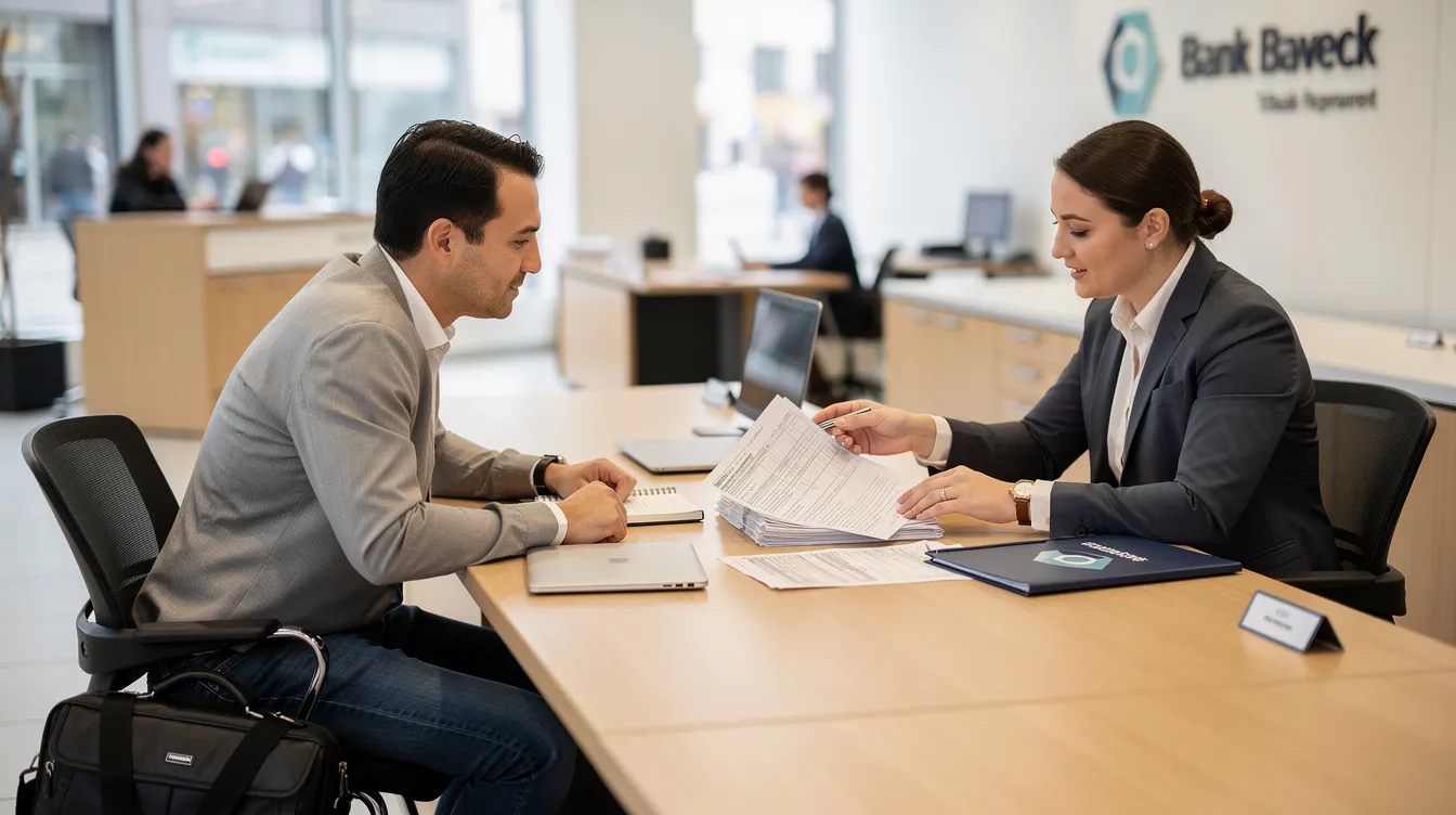 cc014278 a481 4623 ab6c fb38ef3f75e0 A small business owner is seated at a bank desk, engaging in a discussion with a bank officer about necessary documentation for a loan application. The conversation likely involves details regarding the applicant's satisfactory credit track record and previous loans, as they explore financial assistance options for their micro enterprise.