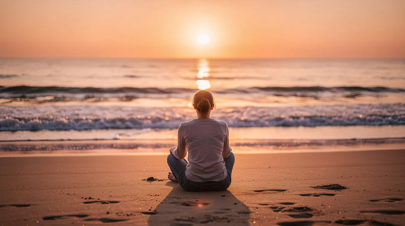 A person sits peacefully on a beach at sunset, gazing at the calm ocean waves, evoking a sense of tranquility that can be beneficial for mental health and managing stress. This serene scene may remind those experiencing post traumatic stress disorder of the importance of finding moments of peace amidst the challenges of trauma recovery.