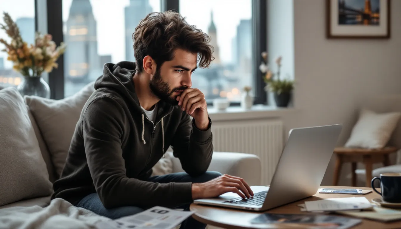 A person using a laptop to compare flight prices for round trip flights to London.