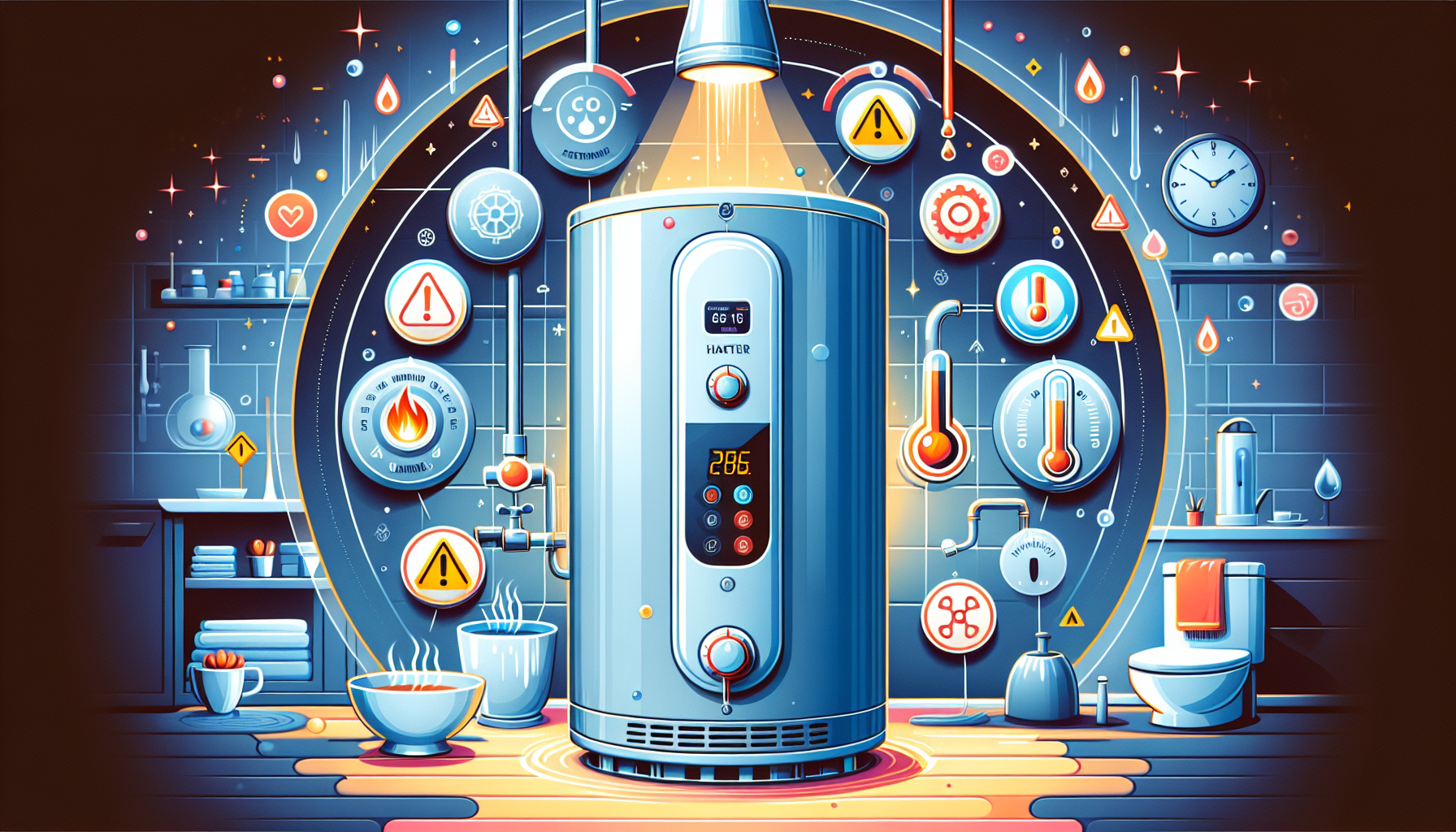 An illustration showing safety considerations for hot water systems including temperature control.