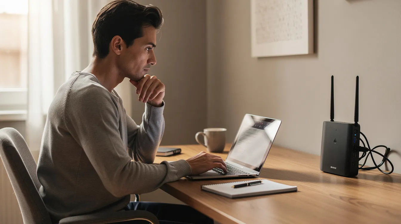 Eine Person sitzt an einem Schreibtisch in einem Homeoffice und blickt auf ihren WLAN-Router, die Fritzbox 7590, während sie möglicherweise WLAN-Probleme oder Verbindungsprobleme mit ihren Geräten hat. Der Raum ist hell erleuchtet und vermittelt eine produktive Arbeitsatmosphäre.