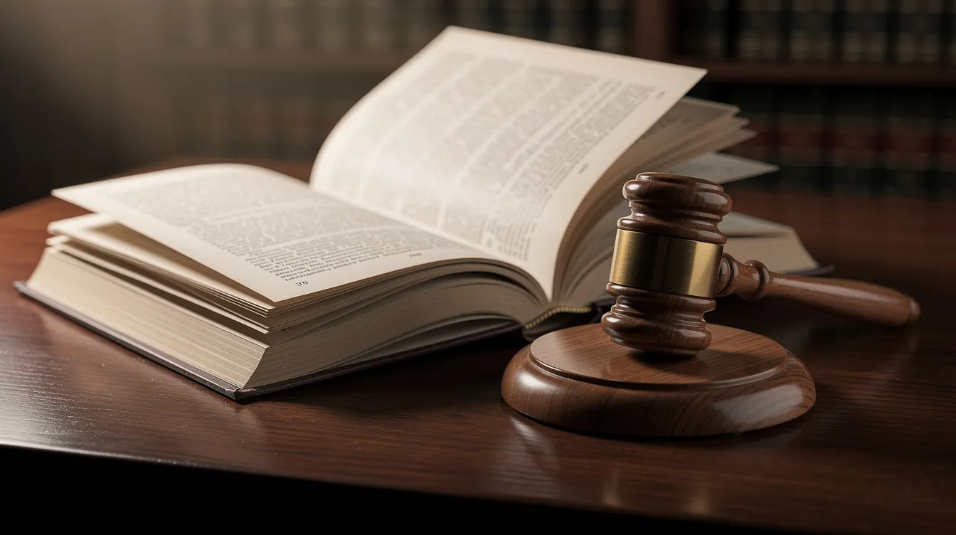 Ein Gerichtshammer liegt auf einem Holztisch, umgeben von aufgeschlagenen Büchern, die rechtliche Themen behandeln. Die Szene vermittelt einen Eindruck von juristischer Arbeit und der Bedeutung des Urheberrechts, während der Hammer als Symbol für Gerechtigkeit dient.
