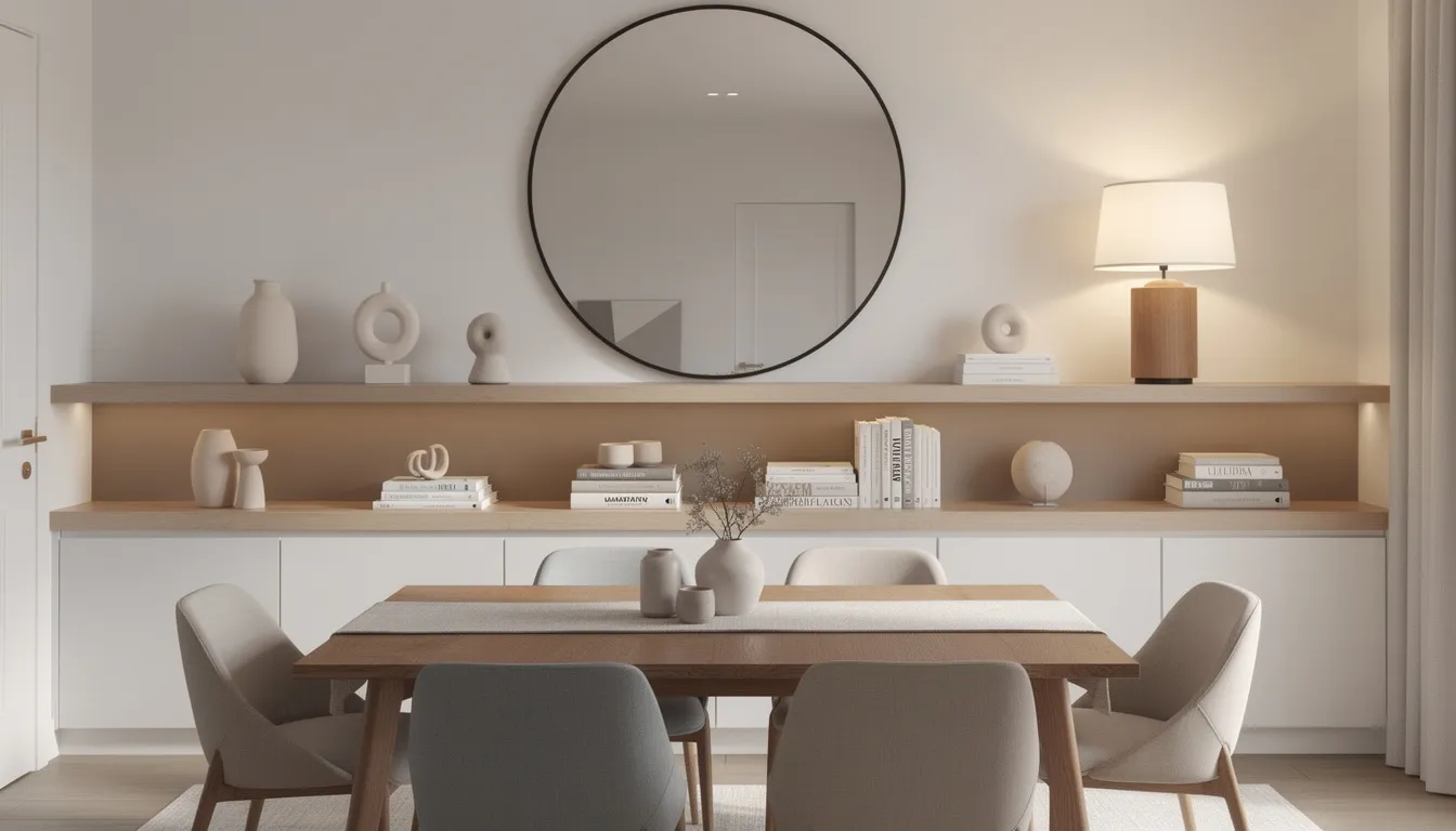 In de eetkamer is een wandpaneel te zien, waarop stijlvolle decoratieve objecten en een spiegel zijn geplaatst, wat bijdraagt aan de unieke uitstraling van het interieur. Het paneel heeft een glanzende afwerking en past perfect bij de persoonlijke woonstijl en sfeer van de ruimte.