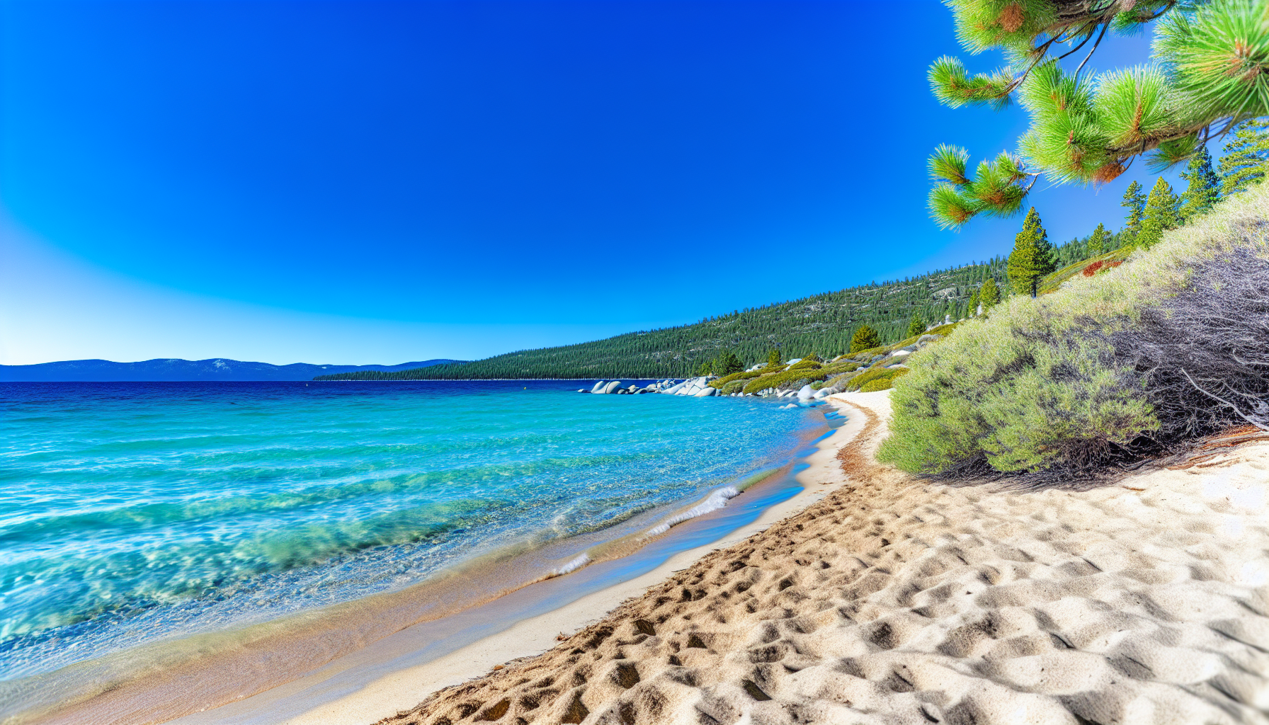 Turquoise waters and sandy shore of Hidden Beach at Lake Tahoe