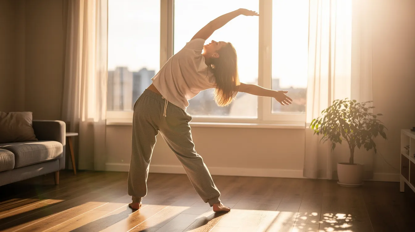 A person is energetically stretching in the warm morning sunlight streaming through a window, symbolizing a healthy lifestyle that promotes overall vitality and enhanced cognitive function. This scene captures the essence of starting the day with a focus on energy production and cellular health, essential for maintaining optimal levels of NAD for improved mental clarity and stress resilience.