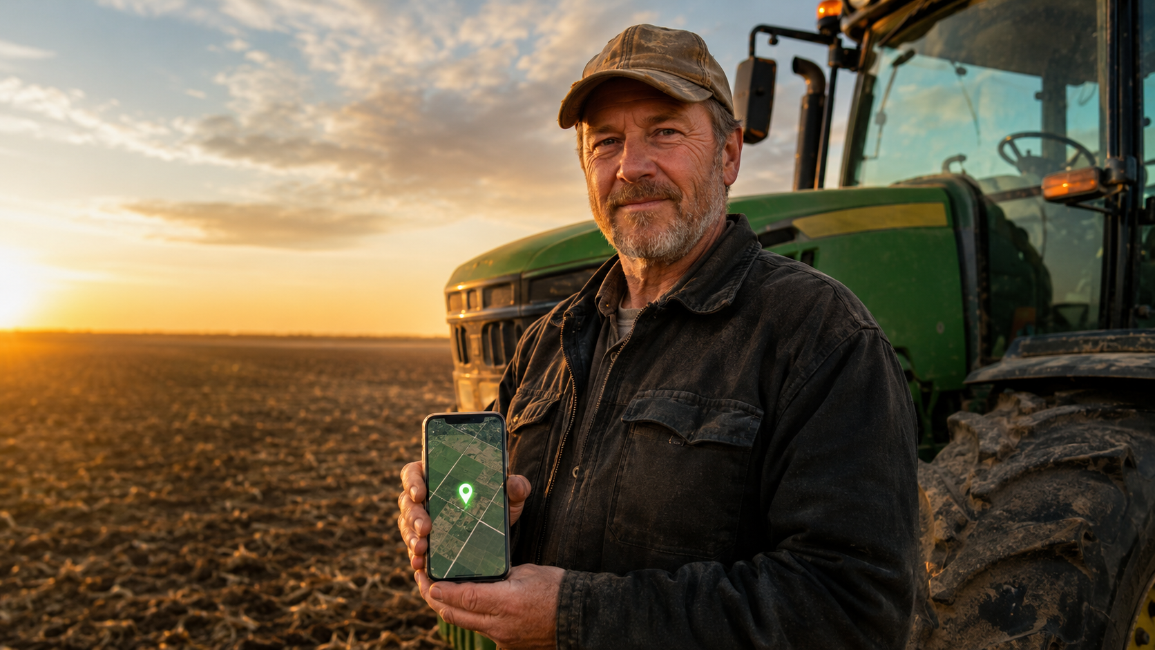 Farmer checking GPS tracker location on smartphone beside tractor on farm at golden hour