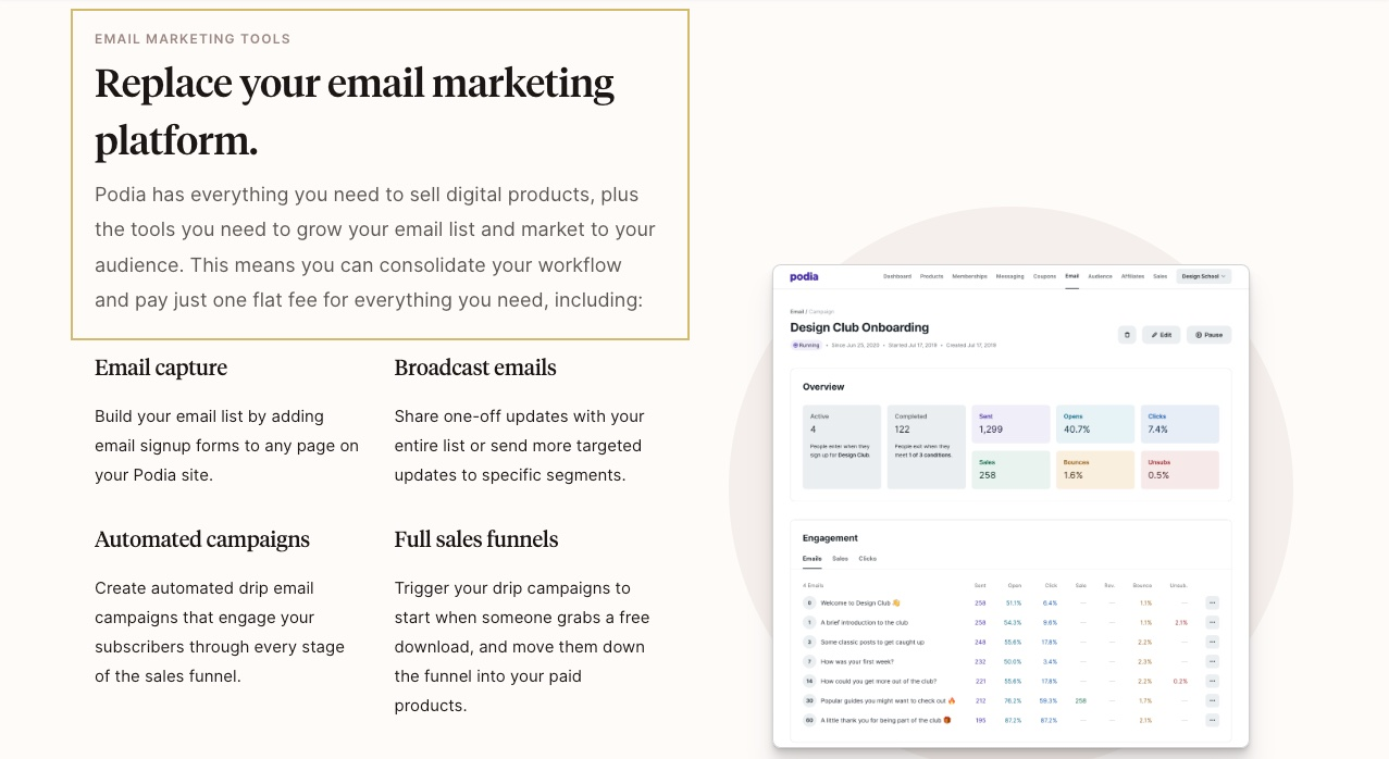Podia email marketing features