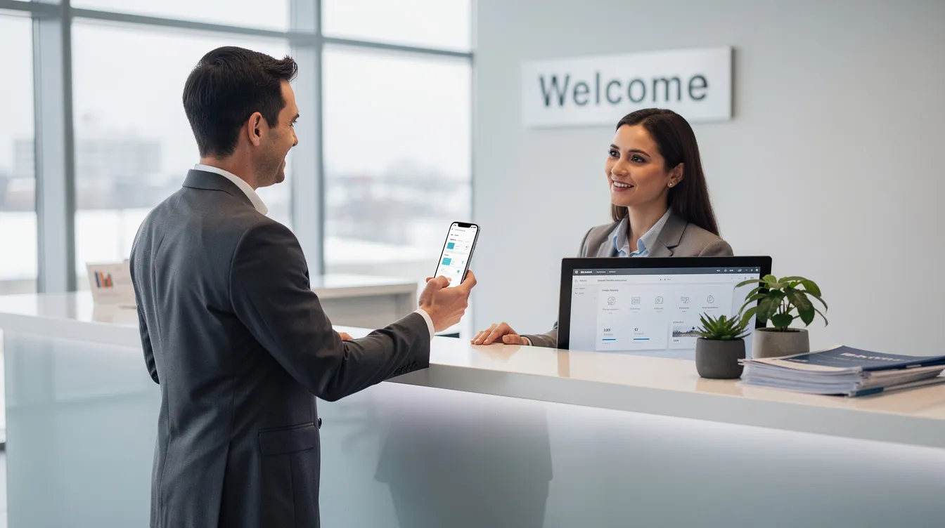 An office receptionist is looking at a smartphone screen that displays information related to a visa application, while a colleague points to specific details. The image highlights the interaction around checking immigration status and personal details, suggesting a focus on UK visa processes.
