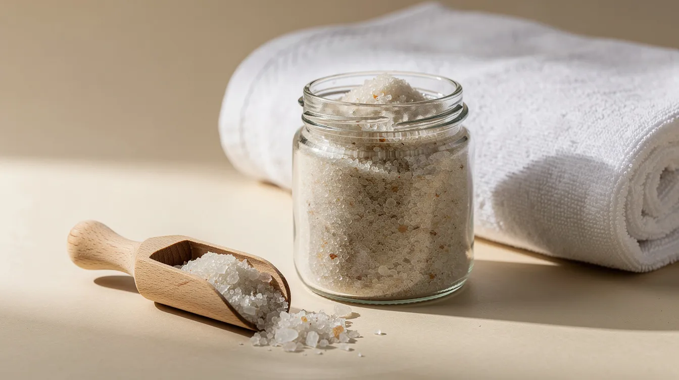 An open glass jar of bath salts sits next to a wooden scoop and a neatly folded towel, creating a serene and inviting atmosphere for a relaxing bath experience. The bath salts are likely made from natural ingredients, promoting a plastic-free and eco-friendly approach to body care.