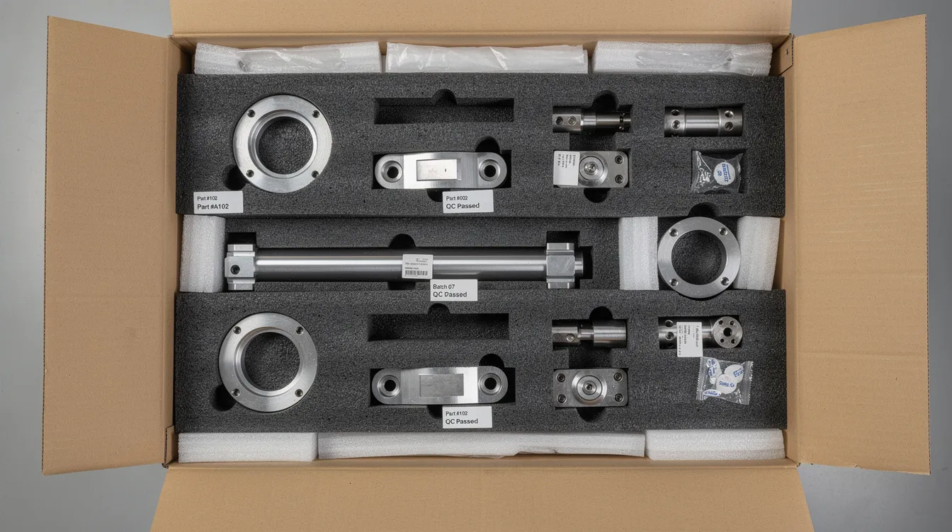 The image shows neatly packaged CNC machined metal parts secured in custom foam trays, ready for international shipping. These precision machined parts highlight the advanced technology and rigorous quality control practices of Chinese CNC machining manufacturers.