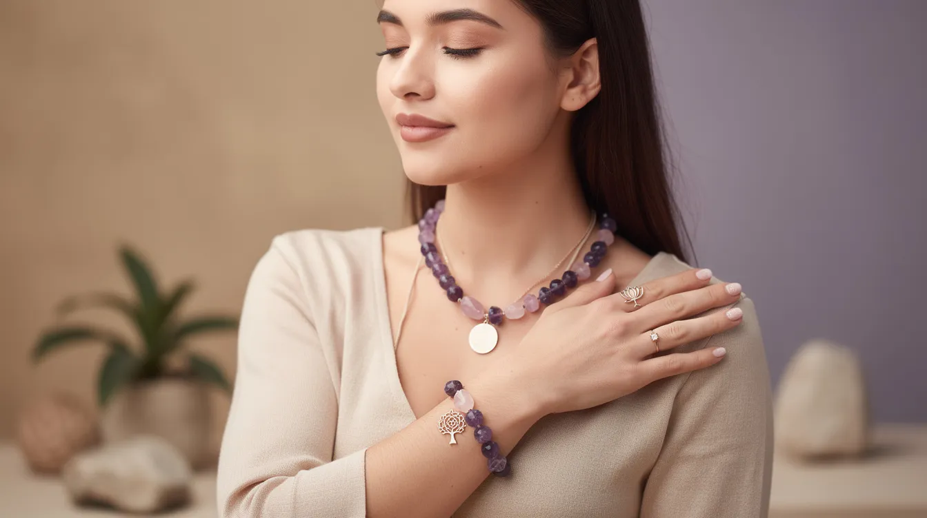 The image showcases a collection of beautifully crafted spiritual jewellery, including necklaces and bracelets adorned with crystals like amethyst and rose quartz. Each piece is designed to inspire confidence and promote emotional healing, featuring symbols such as the hamsa hand and evil eye, which serve as reminders of protection and positivity on one's spiritual journey.