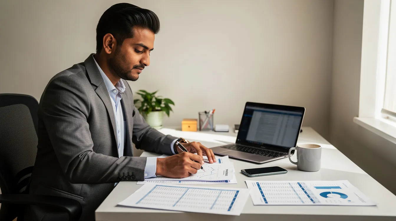 cc0acb09 18e3 4b53 bcda 08caed63c630 An Indian entrepreneur is sitting at a small office desk, intently reviewing financial documents, including a credit report, which may contain personal details and payment history. The scene captures the importance of understanding one's cibil score and addressing any cibil report errors for better financial credibility and future loan opportunities.