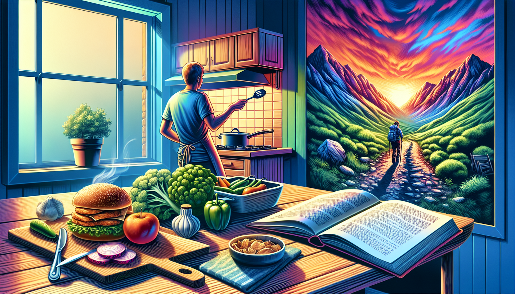 Illustration of a person cooking at home and engaging in free activities for the section Smart Spending Habits