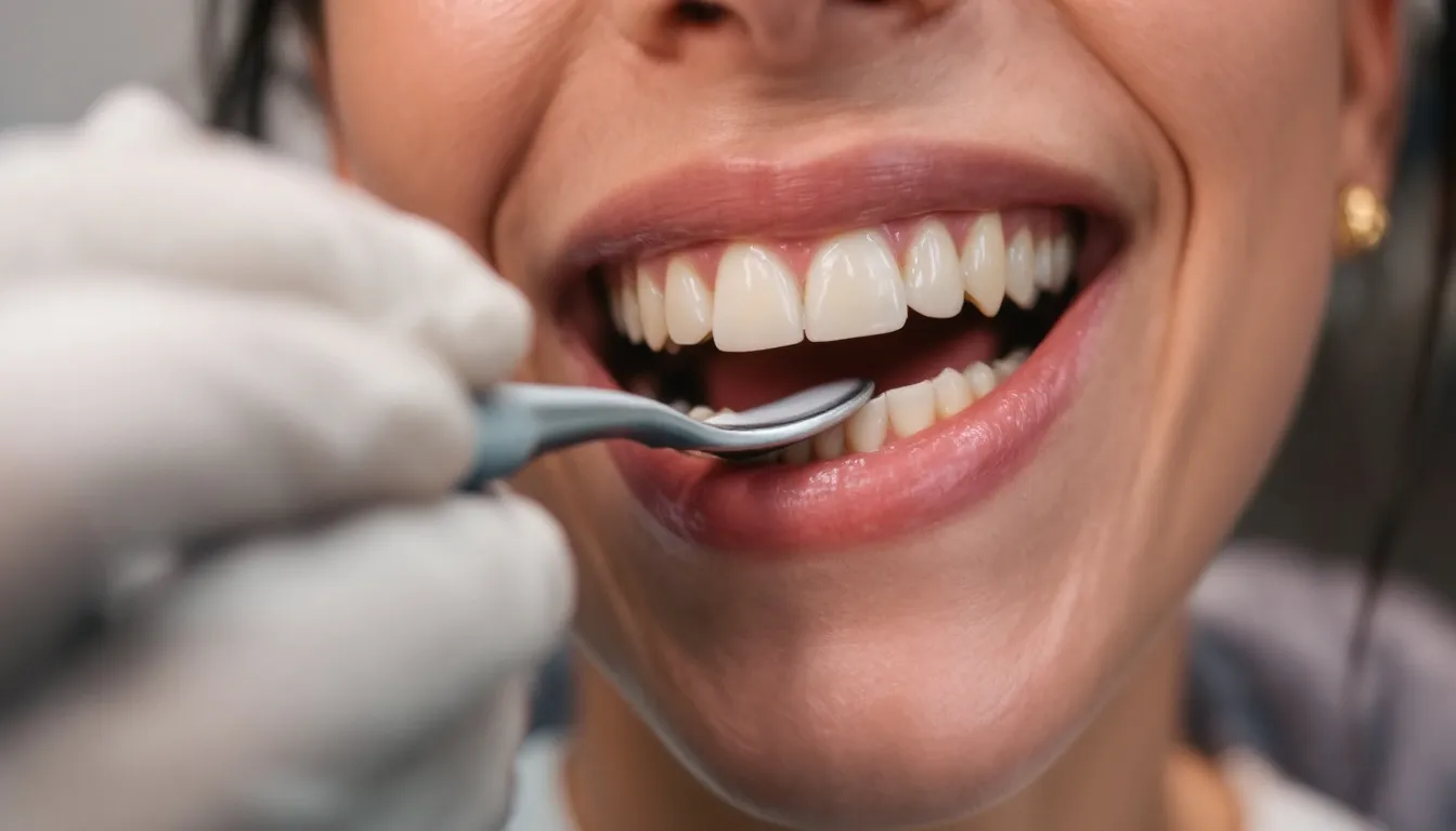 Zbliżenie uśmiechniętej pacjentki; dentysta narzędziem kontroluje czystość i szkliwo zębów