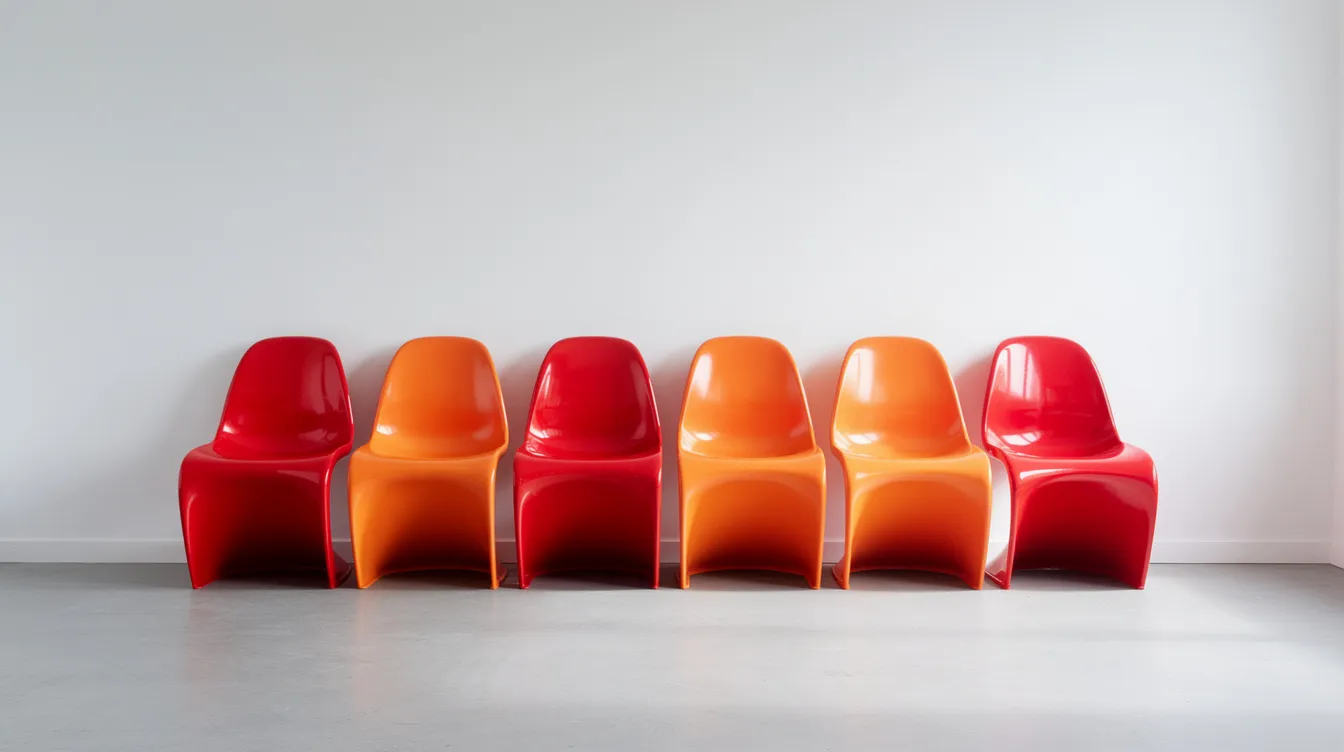 En rad av röda och orange Panton-stolar står mot en vit vägg, vilket ger en modern och färgglad känsla. Dessa stolar, designade av Verner Panton, är en klassiker inom dansk design och exemplifierar den funktionella och stilrena möbeldesign som kännetecknar 1900-talet.