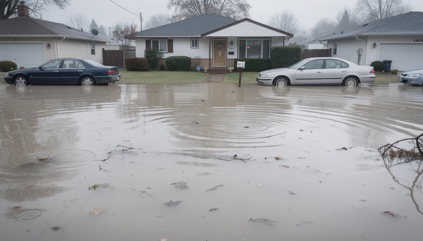 The image depicts a residential street severely flooded, with water levels reaching halfway up the wheels of parked cars, highlighting the potential for significant water damage. This scene underscores the importance of homeowners insurance and flood insurance to cover damage caused by such unexpected flooding events.