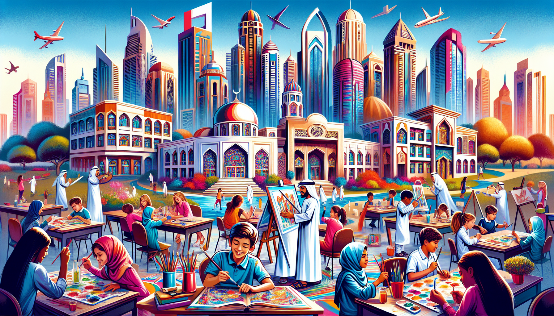 An overview illustration of international schools in Dubai, showcasing diverse learning environments.