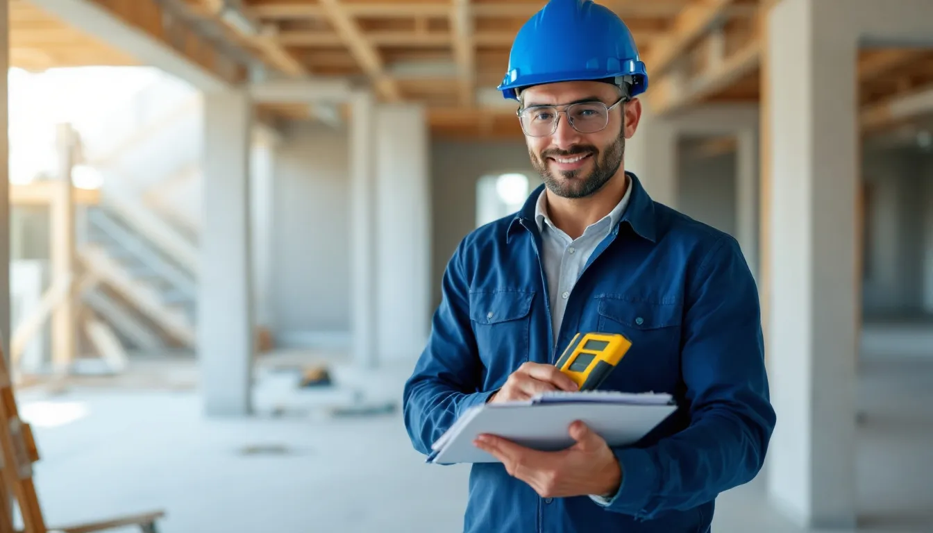 Um profissional está utilizando instrumentos de medição durante uma vistoria técnica de uma propriedade, focando no estado de conservação do imóvel para avaliação de bens em um processo de inventário. A cena ilustra a importância da precisão e da verificação na avaliação de imóveis, essencial para determinar o valor de mercado e auxiliar na partilha entre herdeiros.