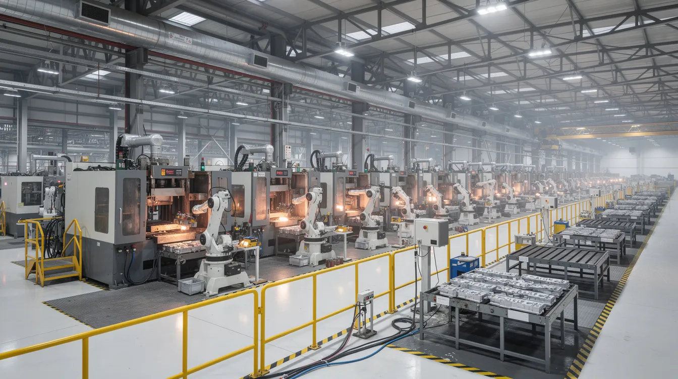 The image depicts a wide view of an industrial die casting production floor, showcasing rows of large casting machines and automated robotic arms efficiently handling parts. This setting highlights the high pressure die casting process, where molten metal fills mold cavities to produce complex shapes with excellent dimensional accuracy.